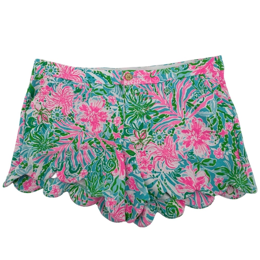 Lilly Pulitzer Buttercup Shorts Scalloped Hem 16 Blue Pink Floral Womens Resort